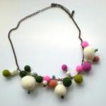 Pink And Green Felt Ball Necklace