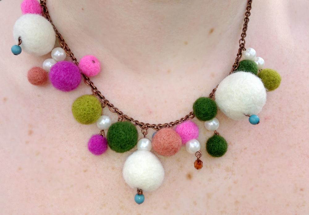 Pink And Green Felt Ball Necklace