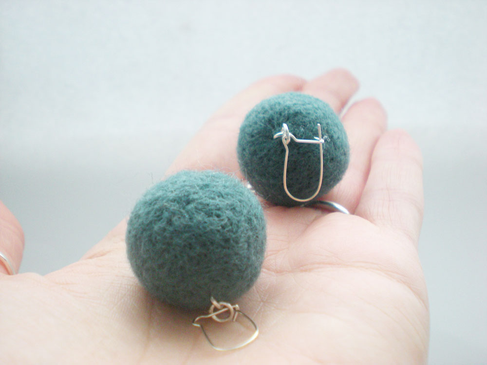 Dark Duck Egg Blue Felt Ball Earrings - Needle Felted Earrings